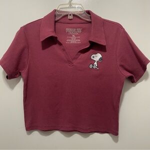 Peanuts Snoopy Embroidered Burgundy Cropped Polo Short Sleeve Ribbed Cute Shirt